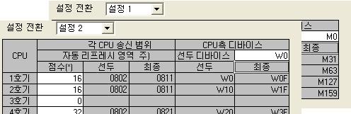 16 멀티 CPU 시스템의 CPU 모듈간교신 설정 1~ 설정 4 의디바이스는각호기에서개별적으로설정할수있습니다. 예를들어, 1 호기를링크릴레이, 2 호기를내부릴레이로설정할수도있습니다.