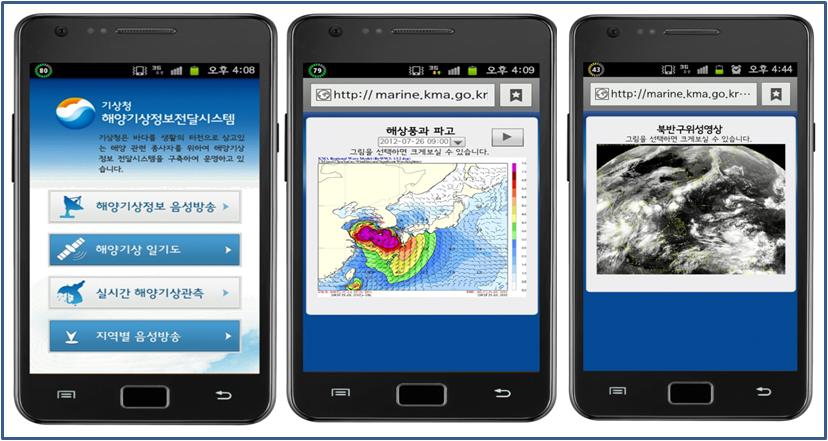 제 3 장기상청해양기상정보현황과실태 49 자료 : 기상청업무자료 (2013. 4. 16). 그림 3-9 스마트모바일해양기상정보서비스 (8) 디지털기상정보방송이서비스는전파교란, 기존아날로그방식의전파송출, 일정거리이상의해상에서휴대폰사용제약등으로기상정보의전달이원활하지않는다는문제점을개선하기위해새롭게추진하고있다.