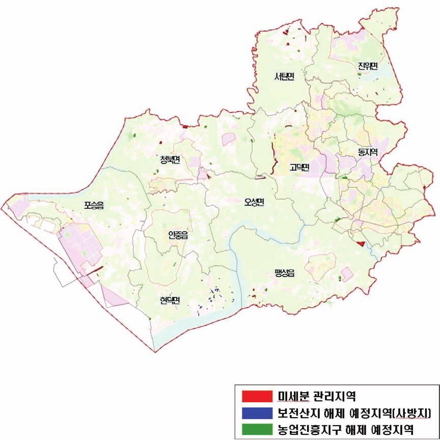 다. 관리지역세분 (1) 계획의목적 농업진흥지역및보전산지에서해제된지역에대하여토지적성평가를통해관리지역세분계획수립 당초보전산지로분리된사방지와도로, 하천등으로단절된