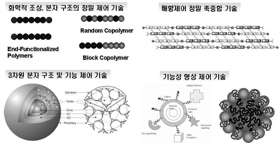 고분자의분자구조, 화학적조성및고차구조제어를통한물성및기능설계기술 그림 2. 나노구조및기능제어가가능한정밀중합기술. 그림 3. 리빙라디칼중합법에의한분자량및분자량분포의제어와이를통한화학적조성및구조가제어된고분자의합성.