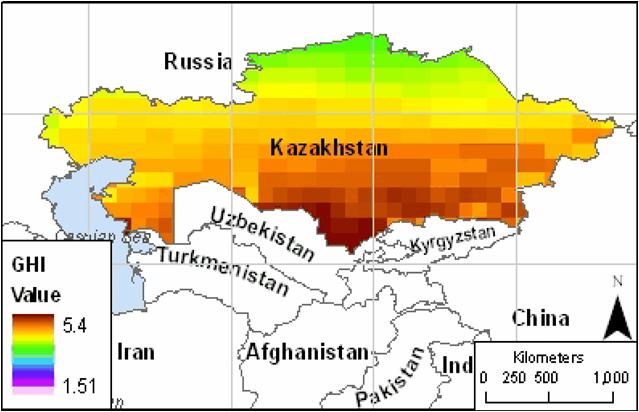 44 [ 그림 2-3] 카자흐스탄의수평면일사량 자료 : EBRD, "Kazakhstan Country Profile", 2009 위의그래프와그림에서보듯이카자흐스탄의일사량은중앙과남부지방이높음을볼 수있다.