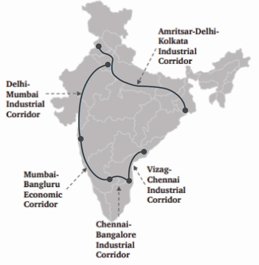 Amritsar-Kolkata Industrial Corridor) 첸나이 - 방갈로르산업회랑 ( CBIC: Chennai-Bengaluru Industrial Corridor) 동해안산업회랑 / 비자그- 첸나이산업회랑 (East Coast Industrial Cor ridor/vcic: Vizag