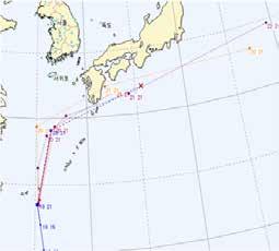2 한반도영향 24 시간전 (2013 년 6 월 19 일 21 시 ) 태풍의서북서쪽대륙고기압과동북동쪽아열대고기압의사이를따라비교적빠르게북상하여, 20일 21시경제주도서귀포남쪽해상 ( 중심기압 992hPa 내외, 최대풍속 22m/s, 서귀포남쪽약 480km 해상 ) 을지나, 21 일 21 시경에일본가고시마동쪽해상에서온대저기압으로변질될것으로예상하였음 ( 그림