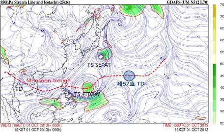 제 4 장제 24 호태풍 다나스 4.2 발생단계상황 제52 호열대저압부 (Tropical Depression, TD) 는 10 월 1일 09시에괌동북동쪽약 730km 부근해상 (18.3N, 151.