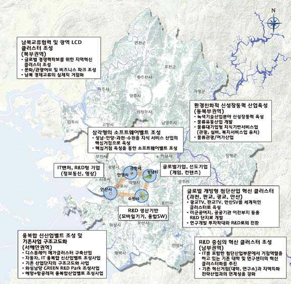 및경기외타지역에서개최되는 참가자가경기도에서개최되는축제에참가할수있도록홍보및할인혜택제공 관련 상품구성등을지원하는방안등을모색함 [ 그림 6-1] 경기도산업육성전략구상도 색관광패키지상품 지역축제및행사등과연계한관광상품등 을개발하여운영함으로써도내각지역을대표하는행사 프로그램 으로의발전을기회를도모함 시군별특화 행사의대형화및국제화추진 년 지역특화