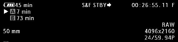 특수촬영모드 촬영프레임레이트 109 재생프레임레이트 3 START/STOP 버튼을눌러촬영을시작합니다. 탤리램프가점등합니다. 촬영중에는 [S&F] 가 [Ü S&F] 로바뀝니다. 4 START/STOP 버튼을다시눌러촬영을중단합니다. 설정된프레임레이트로클립이기록됩니다.