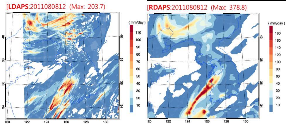 5. 사전예측을위한검토자료 5.4. 수치모델 전일 (D-1) 지역수치예보모델 (RDAPS) 예측결과에서고온다습한강한남서풍유입에의한대기불안정발생과불안정기층의내륙진입가능성을분석해보았다. 이경우 RDAPS 모델의강수는대부분적운모수화에의해형성되는특징이있으므로, 모의된강수영역및강수량은강한대기불안정이나타나는지역이나정도를의미한다.