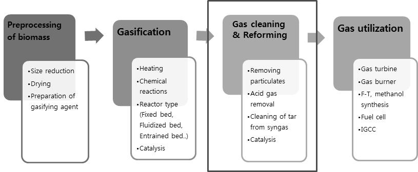Figure 3. 바이오매스가스화와관련된공정흐름도. 및타르포집기술에초점을두고기술현황및실험결과등을소개하고자한다. 2. 가스화정제기술의필요성및정제기준바이오매스가스화는 Figure 3에서보는바와같이크게네단계로분류할수있으며, 이는바이오매스전처리, 가스화, 가스정제, 가스이용이라고할수있다 [7].