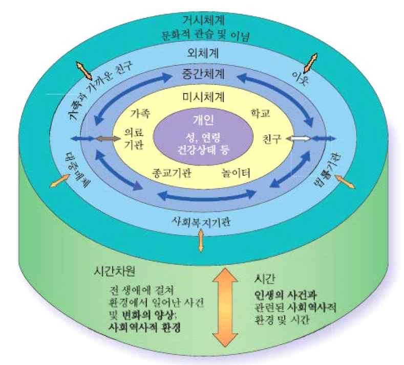 생태학적모형을통해 청소년의발달에영향을미치는맥락적요인들을거시적이며종합적으로이해할수있는틀 을설명하면서생태계가여러동식물로끈끈하게연결되어있듯이청소년이발달하는환경도여러요인들로끈끈하게연결되어있다고주장한다. 그에의하면한명의청소년이성장하는데에는가족이나또래친구는물론이고그들과형성된관계, 나아가지역사회환경, 사회및역사적환경, 시간적환경이모두영향을미친다.