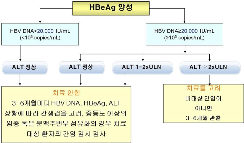 분과 103 3) 치료가 ) 목표 (1) 단기 : HBV 의증식억제, 간염증완화및섬유화호전 (ALT 정상화, HBV DNA 소실, HBeAg 혈청소실또는혈청전환, 조직소견호전 ) (2) 장기 : 간경변, 간부전혹은간암으로의진행방지 최종적으로생존율향상나 ) 치료대상 (1) HBeAg 양성만성간염혈청 HBV DNA 가 20,000 IU/mL 이며 1 ALT