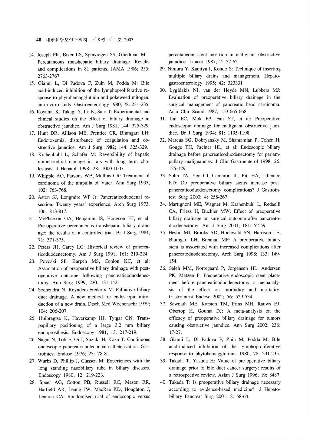 40 대한쉐담도연구회지제 8 권제 l 호 2003 14. Joseph PK, Bizer LS, Sprayregen SS, Gliedman ML: Percutaneous transhepatic biliaη drainage. Results and complications in 81 patients. JAMA 1986; 255 2763-2767 15.