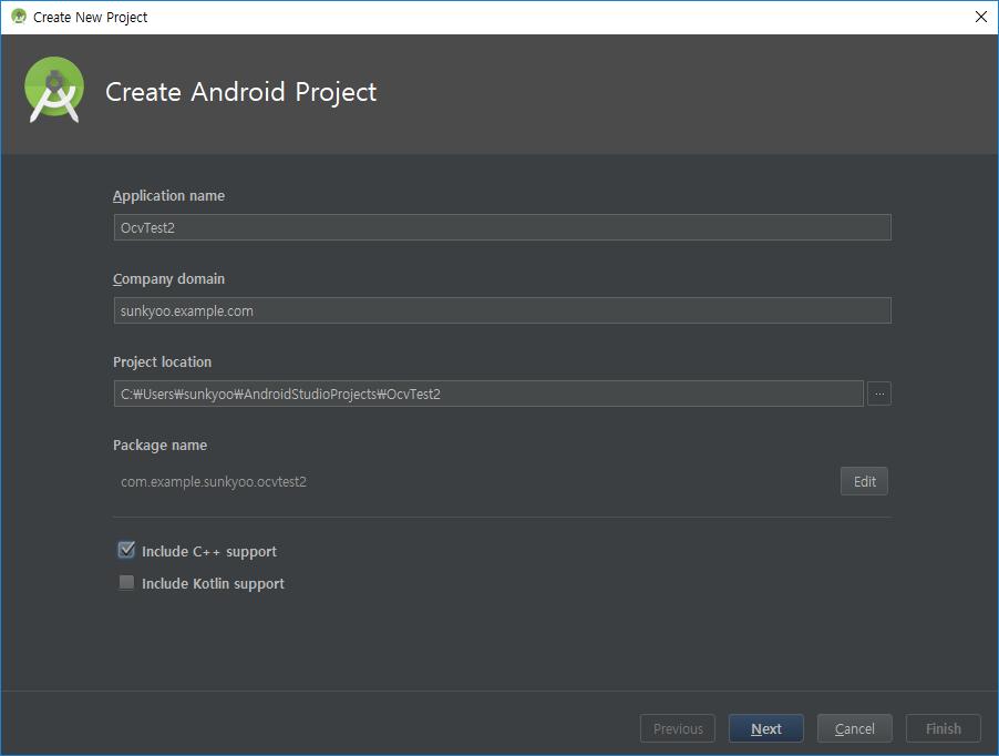 JNI 를이용한 OpenCV 사용방법 OcvTest2 프로젝트생성 Android Studio 시작화면에서 Start a new Android Studio project: 선택 ( 또는 [File] [New]