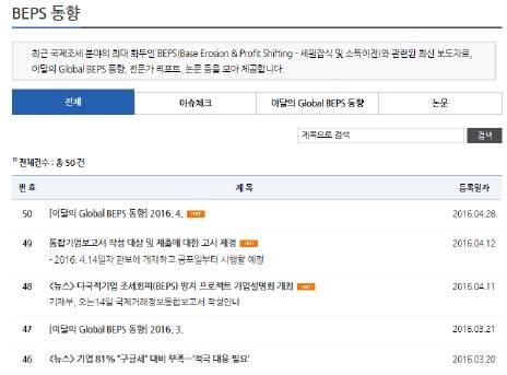 에서도동일한내용을만나보실수있습니다. OECD 및주요국가의 BEPS 동향 삼일아이닷컴 [BEPS 동향 ] 코너에서는 BEPS와관련된최신자료를제공합니다.