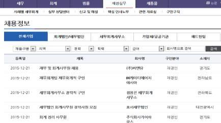 4. 이용자가직접등록하는구인구직정보 채용정보및인재정보 채용정보에서는세무회계분야의인재 채용정보가제공됩니다.