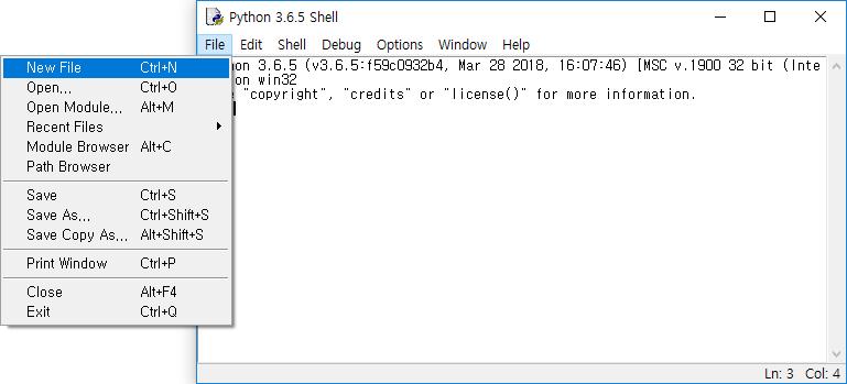 파이썬과에디터 IDLE 쉘창 (Shell Window) IDLE 에디터에서실행한프로그램의결과가표시되는창 파이썬쉘과동일한기능수행 IDLE
