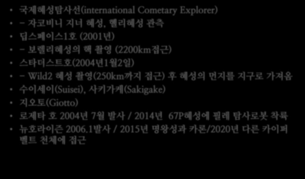 국제혜성탐사선 (international Cometary Explorer) - 자코비니지너혜성, 혤리혜성관측 딥스페이스 1 호 (2001 년 ) - 보렐리혜성의핵촬영 (2200km 접근 ) 스타더스트호 (2004 년 1 월 2 일 ) - Wild2 혜성촬영 (250km 까지접근