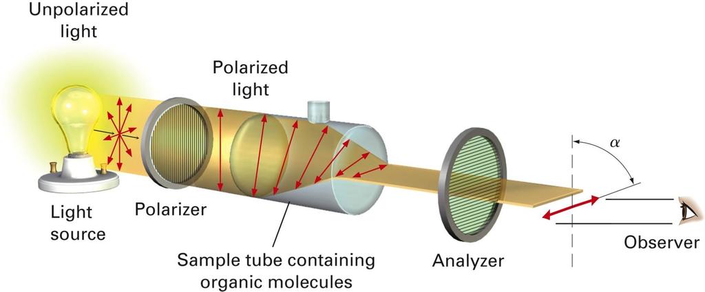 B. 편광계 (Polarimeter) 광회전도의측정 평면편광의회전정도는편광계 (Polarimeter) 라는기기로측정 광학활성유기물의용액을시료관에넣고평면편광을통과