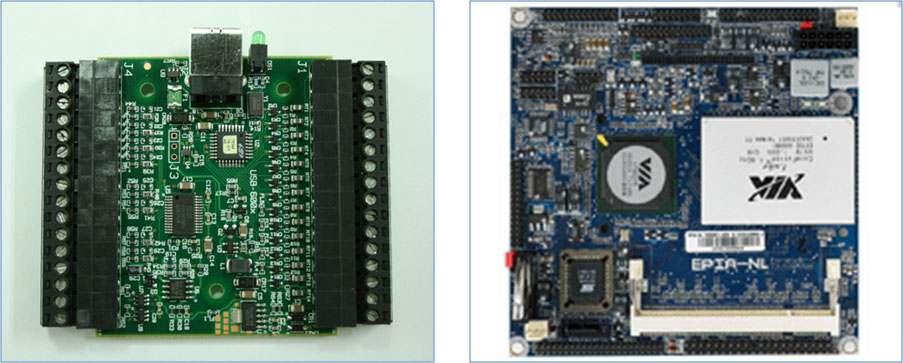 Fig. 6-12 I/O interface module(left) and embedded module(right). I/O 인터페이스는임베디드모듈과 USB로연결되어고속의통신이가능하며최대 8 채널의아날로그입력, 12 채널의디지털입/ 출력, 1 채널의카운터와아날로그출 력을가지고있으며, 14 bit의분해능으로 48 k 의샘플링이가능하다.