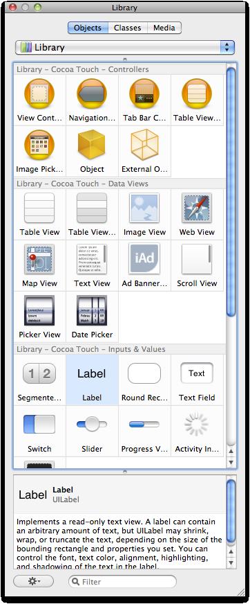 그리고, Library 창에서 Image View 와 Label Object