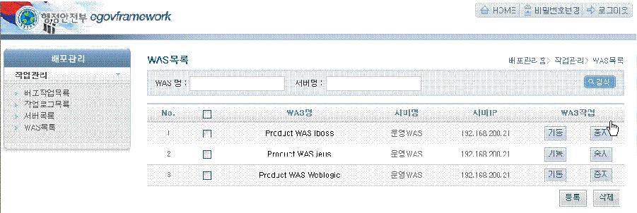 3. 주요기능 - WAS 기동 7.Deploy 모듈배포를위한 WAS 기동기능을제공 1. WAS 목록을조회 WAS 기동순서 2.