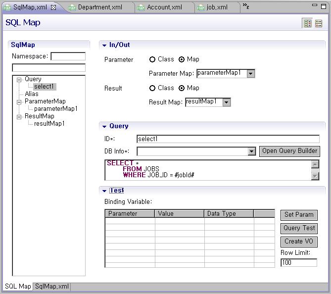 6. DBIO 작성 2. 구현도구 DBIO Editor 는 ibatis SQL Map API 를통해 DBIO 를개발하고자할때이를쉽고편리하게작성할 수있도록다음과같은 Editor 기능을제공한다.