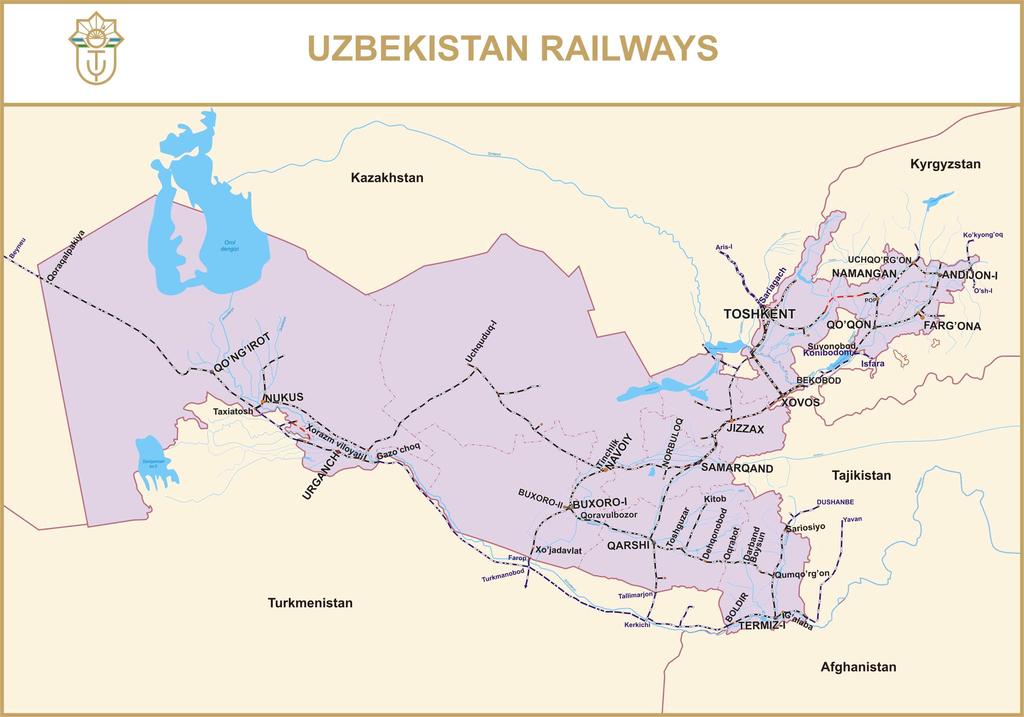 철도공사본사가타슈켄트에위치 페르가나 부하라 프리아랄스크 카르시 호레즘등 개지역에지사운영 총 개소역운영중이며그중 개역에서화물을취급함 운영중인공용철도는이중 에달하는 가량이전철화되었음 자료 : 우즈베키스탄여객철도공사, http://www.uzrailpass.uz/pages/zheleznye-dorogi-uzbekistana.