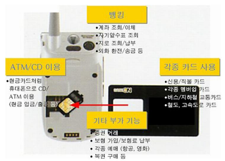 기업은행, 대구은행, 부산은행, 경남은행, 광주은행등 11개은행과제휴중이며 VM 방식서비스도병행제공중 LGT 의 Bank-On 단말의모형및구현기능 자료 : LGT SKT : M-Bank SKT는월정액 800원으로 Smart Card 방식인자사 M-Bank 서비스를통해모바일뱅킹서비스제공중 - 동사는 M-Bank