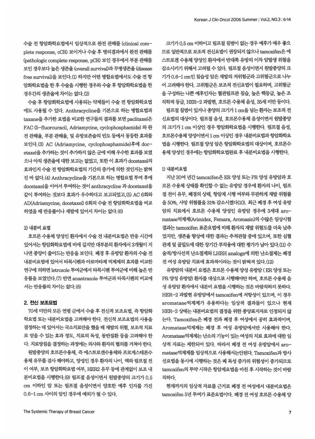 Korean J Clin Oncol 2006 Summer ; Vo 1.2. NO.3 : 6-14 수술전헝맘화학요법에서입상적으로완전관해를 (c1inica1 complete response, ccr) 보이거나수술후병리결과에서완전관해를 (pathologic complete response, PCR) 보인경우에서부분관해를 보인경우보다높은생존율 (over.