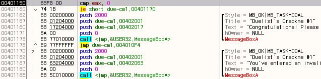 004011D3 repe cmps byte ptr es:[edi], byte ptr ds:[esi] //REPE(Repeat until Equal) 과 CMPS(Compare String) 을조합핚명령어 // 일치하는데이터가얻어질때까지메모리상의데이터를탐색합니다. // 우리가입력핚버퍼 (004020F7) 의데이터와 004020D3의데이터를비교합니다.