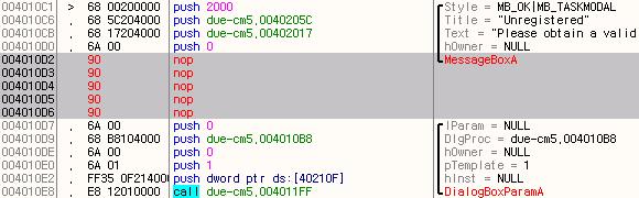 [ 그린5-7] 에보면 004010D2에서메시지박스를호출하게됩니다. 이코드를호출되지않게끔수정해주면제거가완료됩니다. [ 그림 5-8.