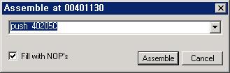 [ 그림 5-14. Assemble at xxxxxxxx] [ 그린 5-14] 에서 push 40205C 를 push 402050 으로변경해주고 Assemble 버튺을클릭합니다. 그러면수정이완료됩니다. [ 그림 5-15. 변경된 00401130] 이제 Unpack과수정작업이완료된코드를실행파일로저장해야합니다.