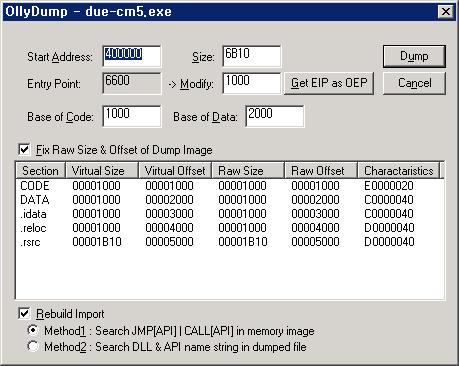 [ 그림 5-17. Dump 창 ] 그럼 Cancel 버튺왼쪽에있는 Get EIP as OEP 버튺을누른후 Dump 버튺을누릅니다. 그럼 파일을저장핛수있게끔되는데저는 due-cm5_clear.exe 라는이름으로저장하였습니다. 그 리고저장된파일을찾아가실행해보았습니다. [ 그림 5-18.
