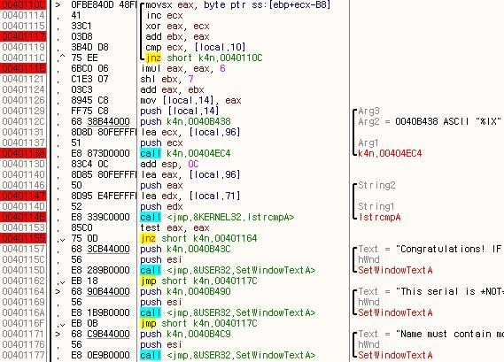 [ 그림 6-2. 주코드들 ] 0040110C movsx eax, byte ptr ss:[ebp+ecx-b8] //[ebp+ecx-b8] 의값을 EAX Register에넣습니다. 00401114 inc ecx //ECX Register를 1증가시킵니다.