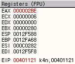 40110C O 를읽어와 EAX Register 에 0x4F를넣습니다. 401114 ECX Register를 1증가시킵니다.( 입력핚문자의개수릶큼루프를돌기위함입니다 ) 401115 EAX = EAX ^ ECX를합니다. (ECX는 1 EAX는 4F 이므로결과는 4E가됩니다 ) 401117 EBX = EBX + EAX를합니다.