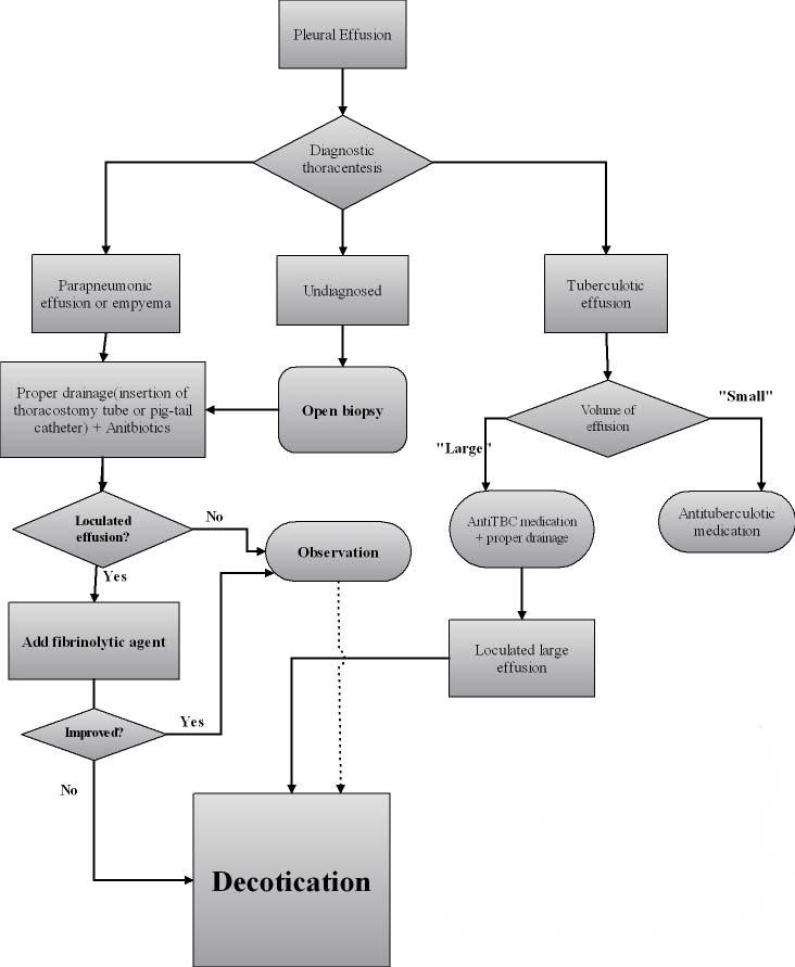 GH Choi et al: Results of application of video-assisted thoracoscopic surgery for the treatment of empyema thoracis 강천자의시행또는돼지꼬리형카테터 (pigtail catheter) 나흉관을삽입하여적절한배액을시도하는것이주된치료로알려져있다.