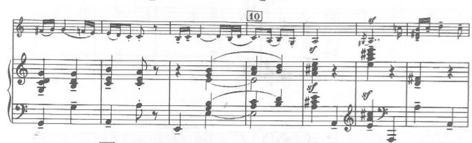 < 악보 1-1> Rumanian Dances 1 악장 1-6 마디 기본적으로 a minor 의조성인악장에부분적으로 F, C, G 음에 을붙여서 A Major 느낌이나게하였다.