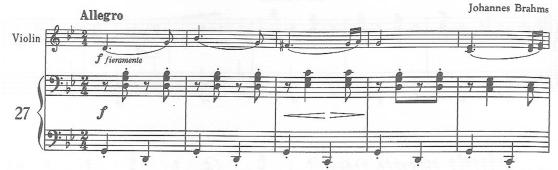 < 악보 2-2> Hungarian Dance no.5 1-5 마디 브람스는한개의음도소홀하게하지않고, 하나의악상도많은시간을들여서정성껏다듬어완성하는음악가이다. 그의음악적특징은리듬에서더욱잘드러나는데, 그는당김음 22) 과헤미올라 23) 등의다양한방법으로복잡한리듬을치밀하게구성한다.