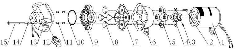 1) motor 2) Screw 3) dowel pin 4) Connection board 5) Oscillating board 6) Pump front cover 7) diaphragm