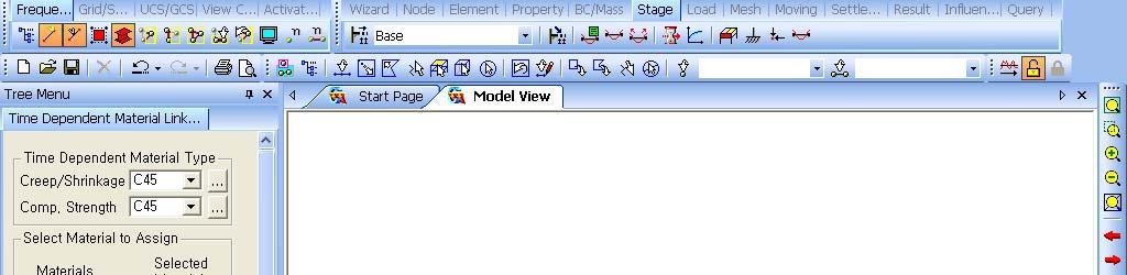 02. 작업환경설정및특성치정의 앞에서정의한크리프 / 건조수축, 강도발현특성이해당재질에적용되어시공단계해석에반영되 도록하기위해시간의존적특성과재질을연결합니다. Main Menu 에서 Model > Properties > 1. Time Dependent Material Type의 Creep/Shrinkage 선택란에서 C45 선택 Comp.