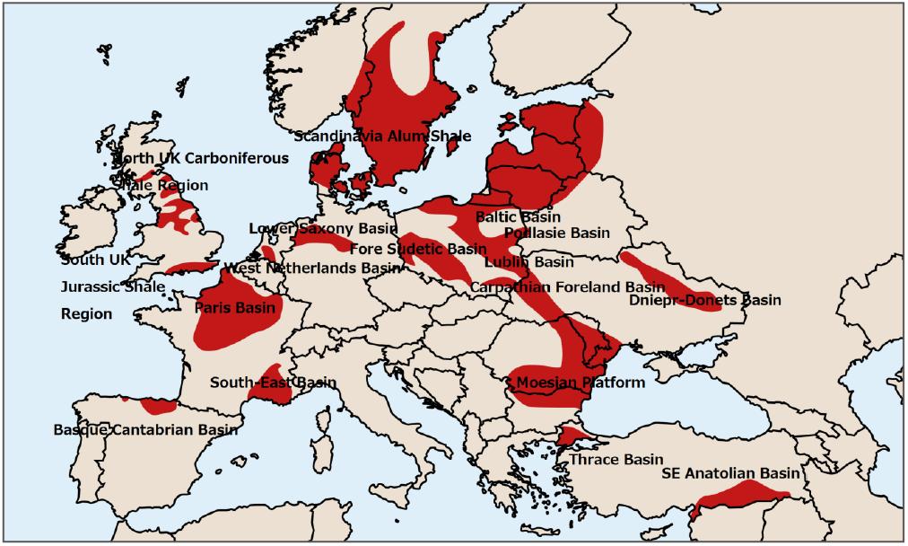 이어려운상황에서유가하락이겹쳐당분간은유럽에서의본격적인 셰일가스생산이난망하다고하겠다. [ 그림 2-10] 유럽내셰일지층분포지역 출처 : 永井一聡 (2015) 셰일자원개발에가장적극적이었지만성과를거두지못하고있는폴란드의사례는유럽셰일자원개발의현주소를잘드러내준다.