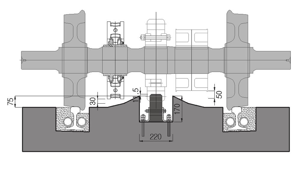 2 차량분야인터페이스사항급구배산악철도는최급기울기 180 구간에서등판주행을위해서궤도패널중앙부에랙 (Rack) 을설치하고있으며, 차량분야인터페이스결과랙 (Rack) 설치필요단면은 W220mm H170mm으로설계하였다. 또한설치된랙 (Rack) 을보호하고차량의피니언 (Pinion) 과의상호작용에의해궤도패널중앙부는 75mm 높게계획되었다.