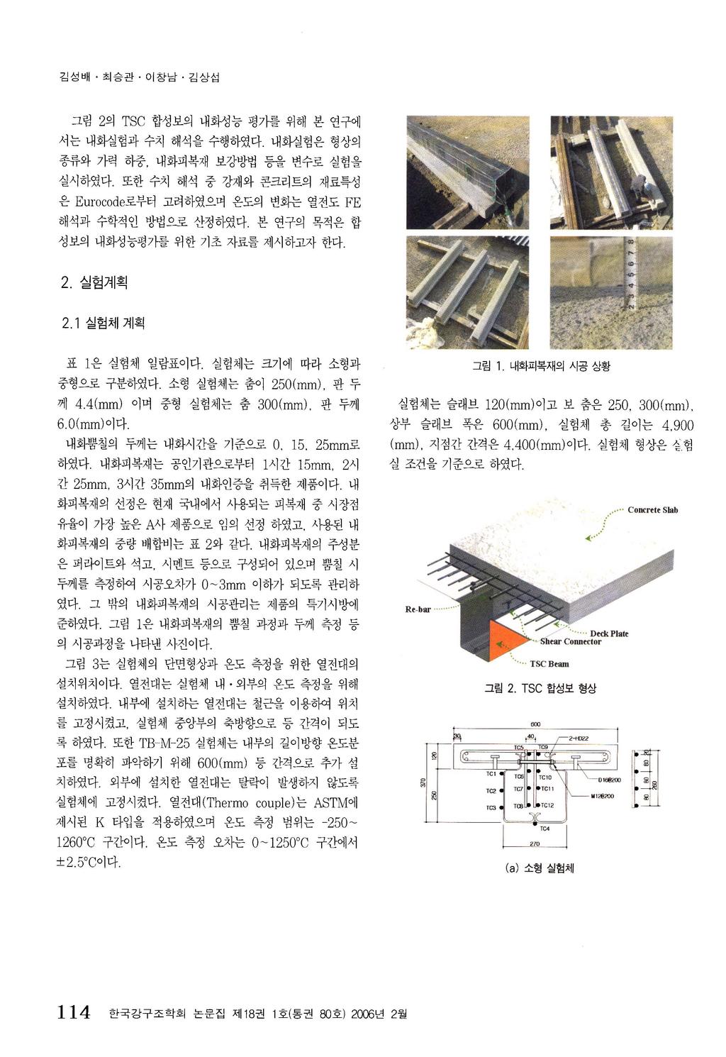 김성배 최승관 이장남 김상섭 그림 2 의 TSC 합성보의내회정능평가를위해본연구에 서는내화실험과수치해석을수행하였다. 내화실험은형상의 종류와가력하중, 내화피복재보강방법등을변수로실험을 실시하였다. 또한수치해석중강재와콘크리트의재료특성은 Eurocode로부터고려하였으며온도의변화는열전도 FE 해석과수학적인방법으로산정하였다.