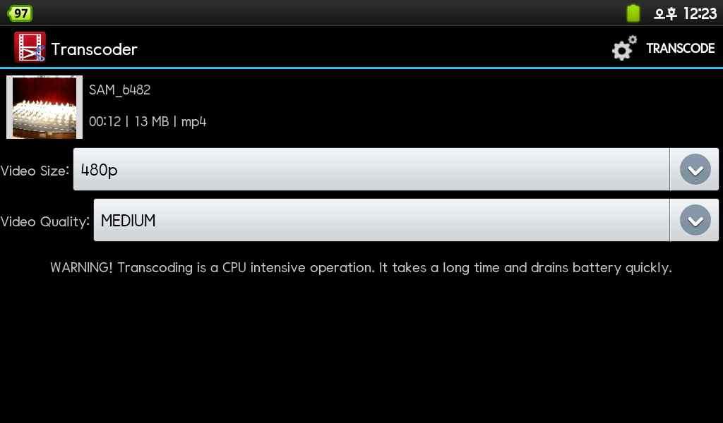 <Transcoder> 메뉴를실행하면동영상의크기와해상도를재지정하여저장할수있습니