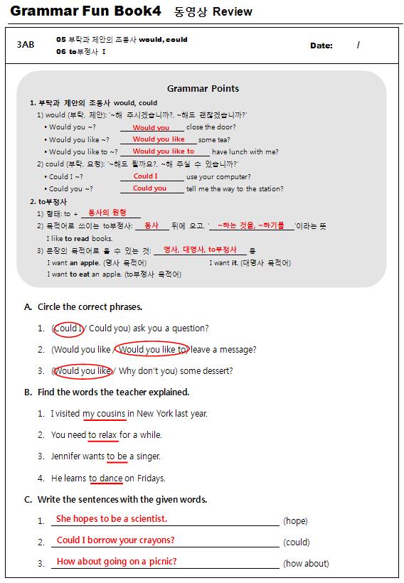 동영상 Review 를시청하면서 Unit 3 의내용을총복습해보세요. * 격식을덜차려부탁이나제안하는표현들 Will[Can] you ~?: ~ 해줄래 ( 요 )? Why don t you[we] + 동사의원형?: ~ 하는게어때 ( 요 )? How[What] about + 동사의 ~ing 형?: ~ 하는게어때 ( 요 )? * to 부정사를목적어로취하는동사 want, need, hope, learn, decide, agree, plan A.