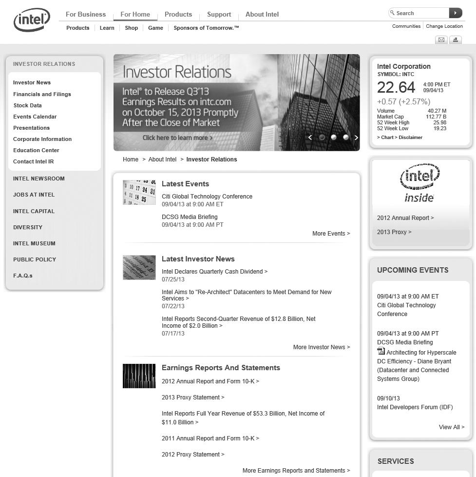 < 그림 1> Intel 의 IR 웹페이지 Intel 은자사홈페이지 (www.intel.com) 내에별도의 IR 웹페이지 (www.intc.com) 를마련하여실시간으로기업의정보와최신뉴스등을공시하며, 경영상변동사항이발생하는경우이를적시에다수의투자자에전달하기위한프로그램을구축 운영중이다.