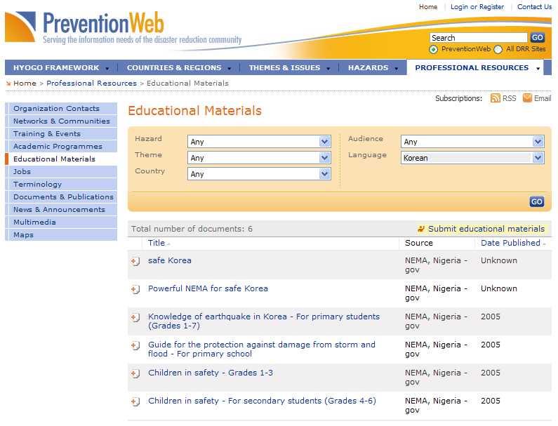 307 UN IDSR에서의활동중하나로 Prevention Website (http://www.preventionweb.