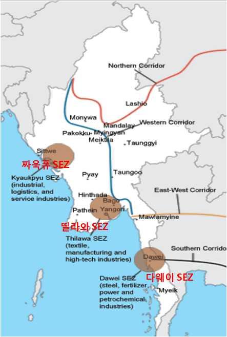Report Q1 2018 * 미얀마는띨라와 (Thaliwa), 다웨이 (Dawei), 짜욱퓨 (Kyaukpyu) 등 3 개의 SEZ 를개발중 미얀마주요특별경제구역 (SEZs) 미얀마 -