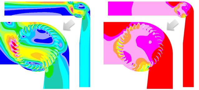 9 Flow characteristics in an optimized model of ventilation duct for various pressure differences between inlet and outlet