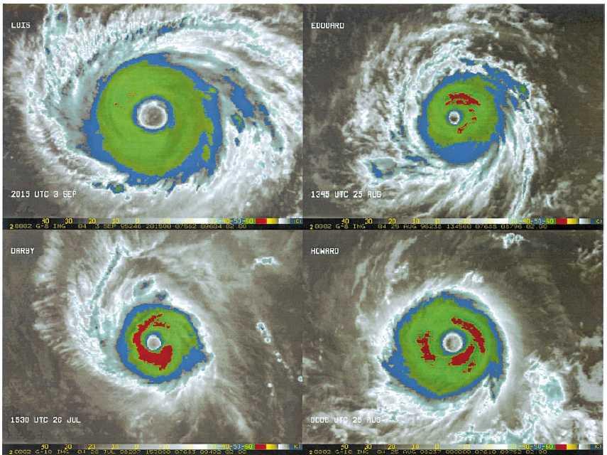 261 그림 1.28 Annual hurricane 의사례들. 출처 : Knaff et al. (2003) (4) Eyewall MosoVortex(EMV) 와 Superintensity 고해상도 VIS 위성영상에이따금벽운안쪽으로 10km정도크기의소규모소용돌이를발견할수있다.