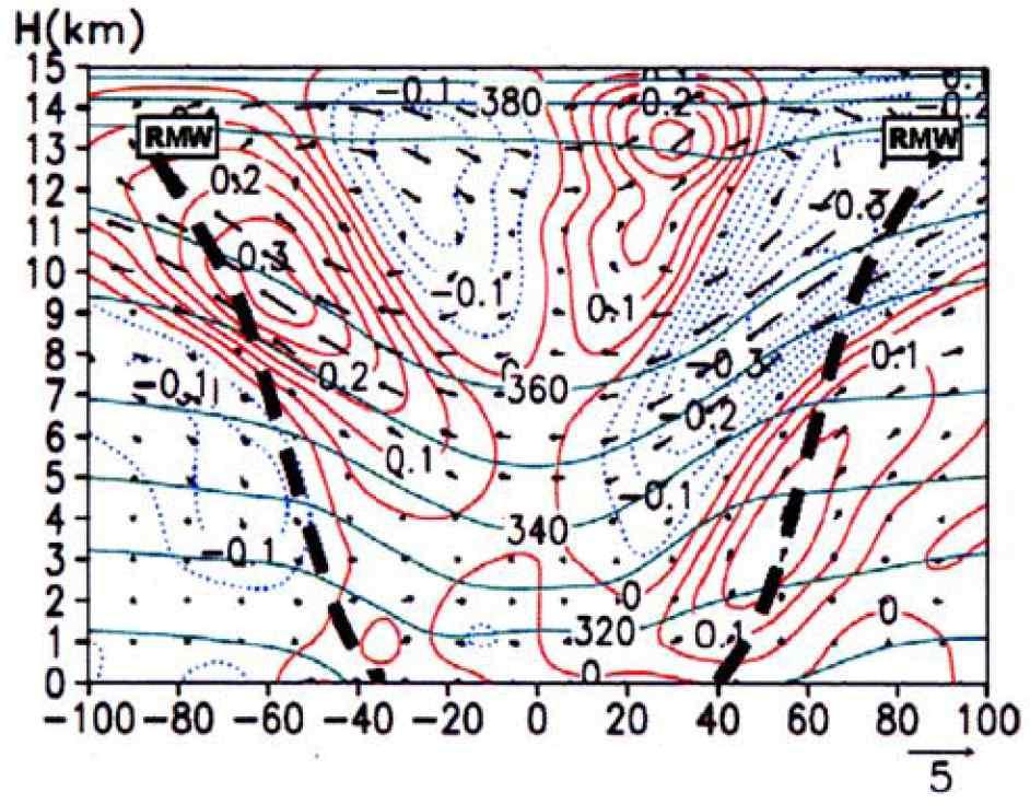 266 그림 1.33 연직시어를제거한상태의 FSC(Forced Secondary Circulation). 실선과점선 은각각상승류와하강류를의미. 출처 : Zhang and Kieu (2005) 태풍의중심부근의이차순환과그에따른비대칭적인대류와강수패턴또한연직시어와관련된중요현상이다.